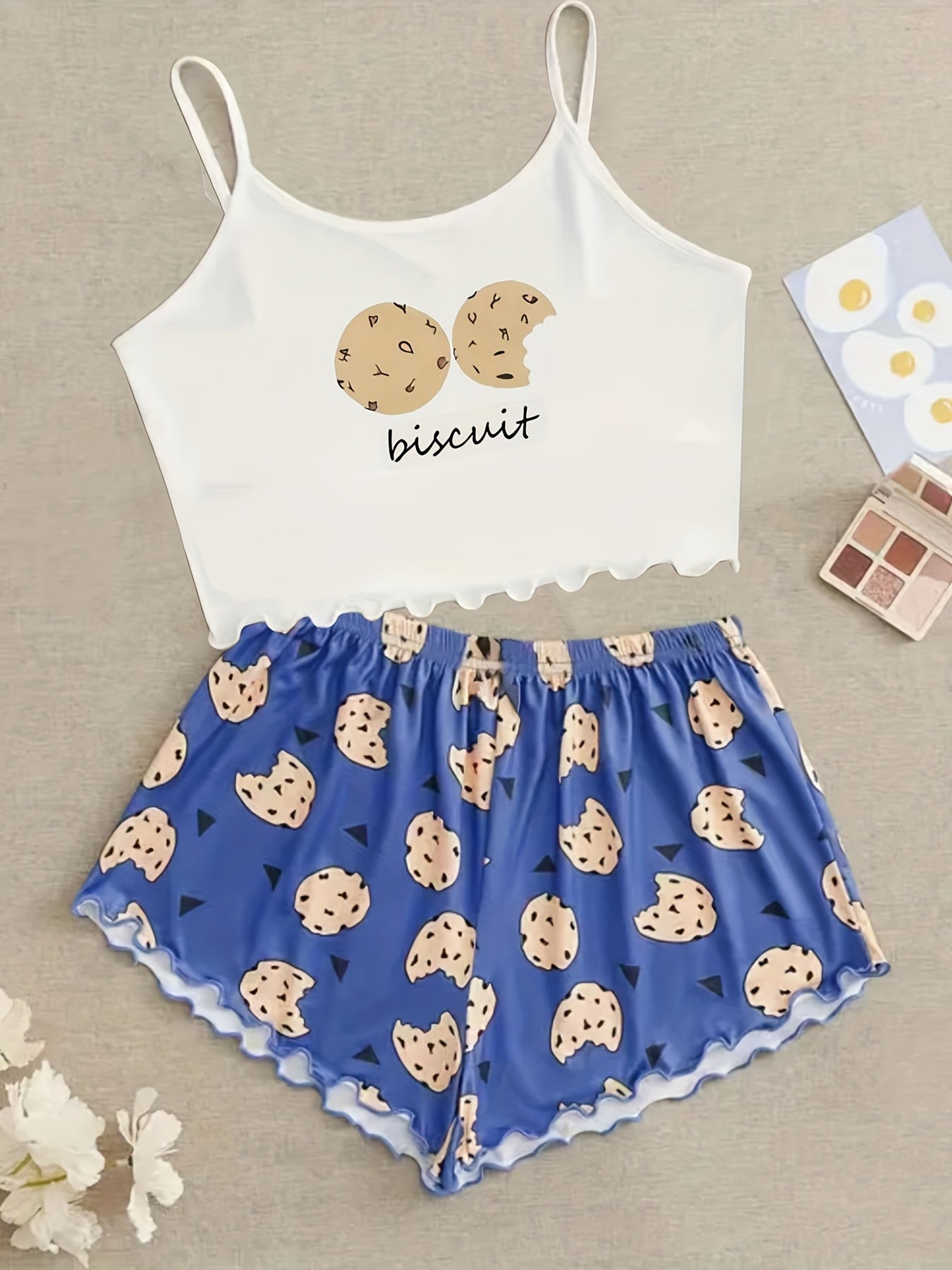 Cookies Print Pajama Set Crew Neck Cami Top & Elastic Waistband