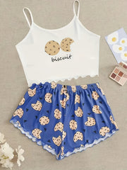 Cookies Print Pajama Set Crew Neck Cami Top & Elastic Waistband