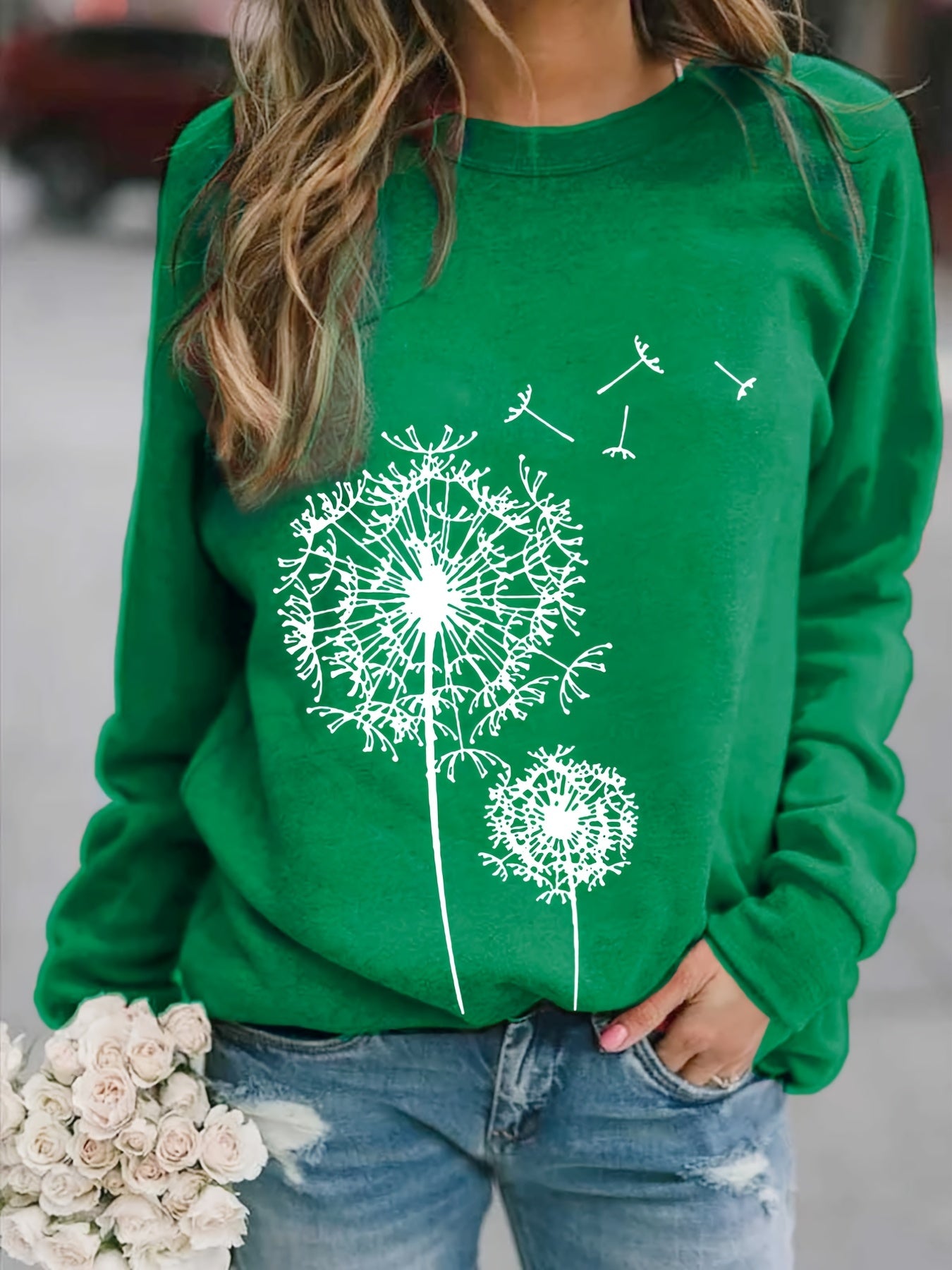 Dandelion Print Crew Neck Sweatshirt for Women