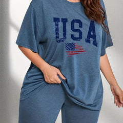 Independence Casual Loungewear Set Women's Plus Flag & Letter Print