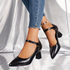 Chunky Heeled Pumps Pointed Toe Ankle Strap High Heels Dress Pumps