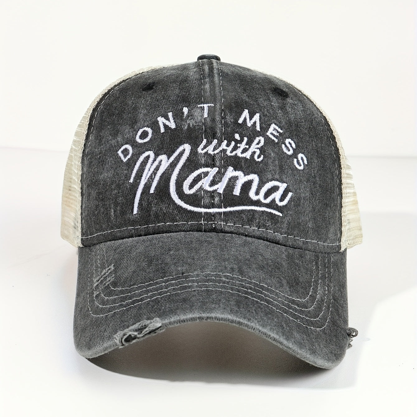 Mom Baseball Cap Distressed Trucker Hat Ponytail Mesh Embroidery Sun Hat