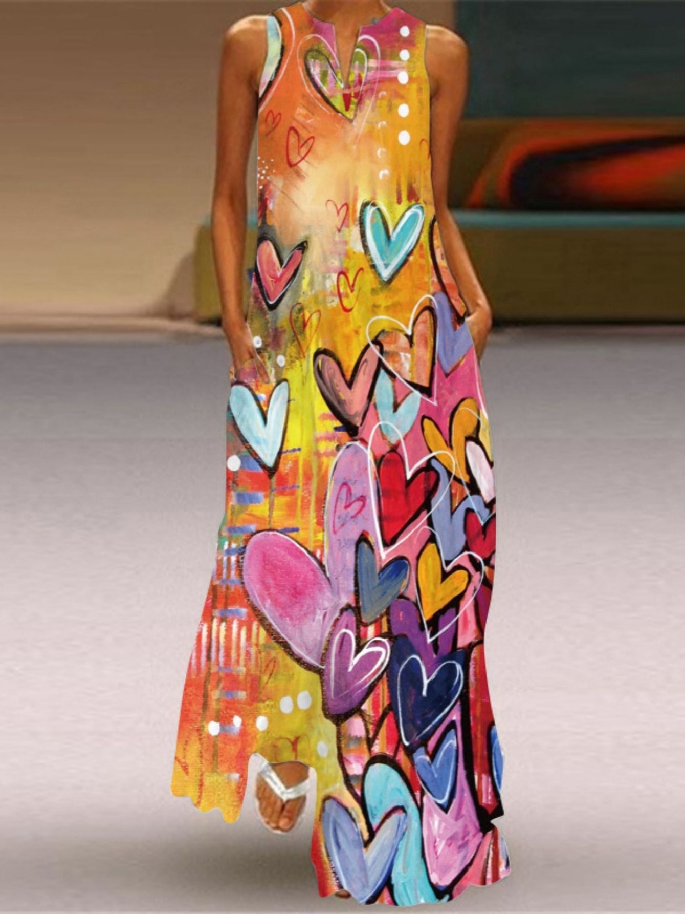 Sleeveless V-Neck Colorful Maxi Dress Boho Loose Flared Dress
