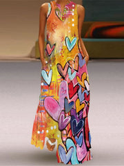 Sleeveless V-Neck Colorful Maxi Dress Boho Loose Flared Dress