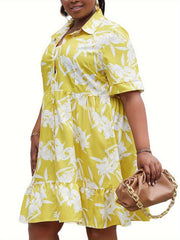 Women's Plus Floral Print Button Up Long Sleeve Shirt Dress