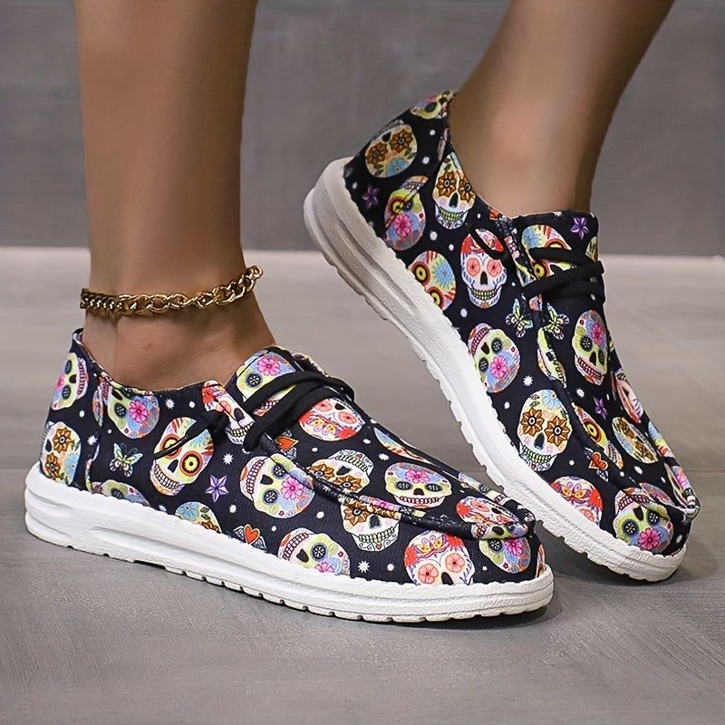 Women's Colorful Skull Print Canvas Shoes Casual Lace Up Outdoor Sneakers