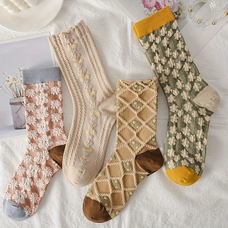 5 Pairs 3D Floral Textured Socks Crew Stockings Women's Retro Style