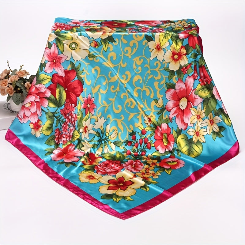 Silky Square Floral Print Scarf Satin Shawl 89x92 Cm