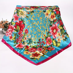 Silky Square Floral Print Scarf Satin Shawl 89x92 Cm