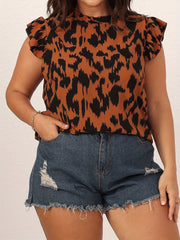 Women's Plus Leopard Print Ruffle Trim Mock Neck Tank Top