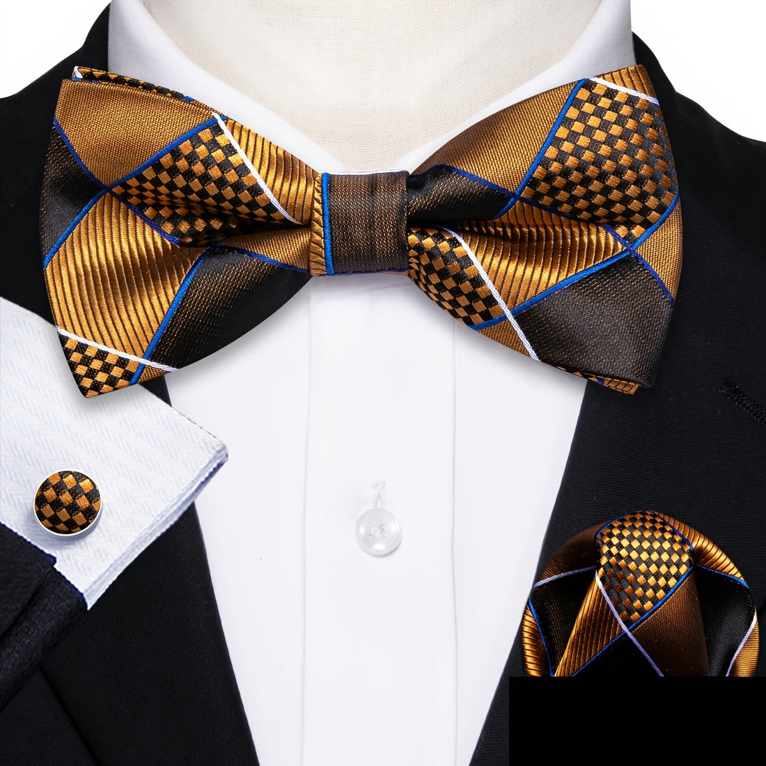 Barry Wang Men's Plaid Stripe Bow Tie Adjustable Pre-Tie Satin Formal Casual