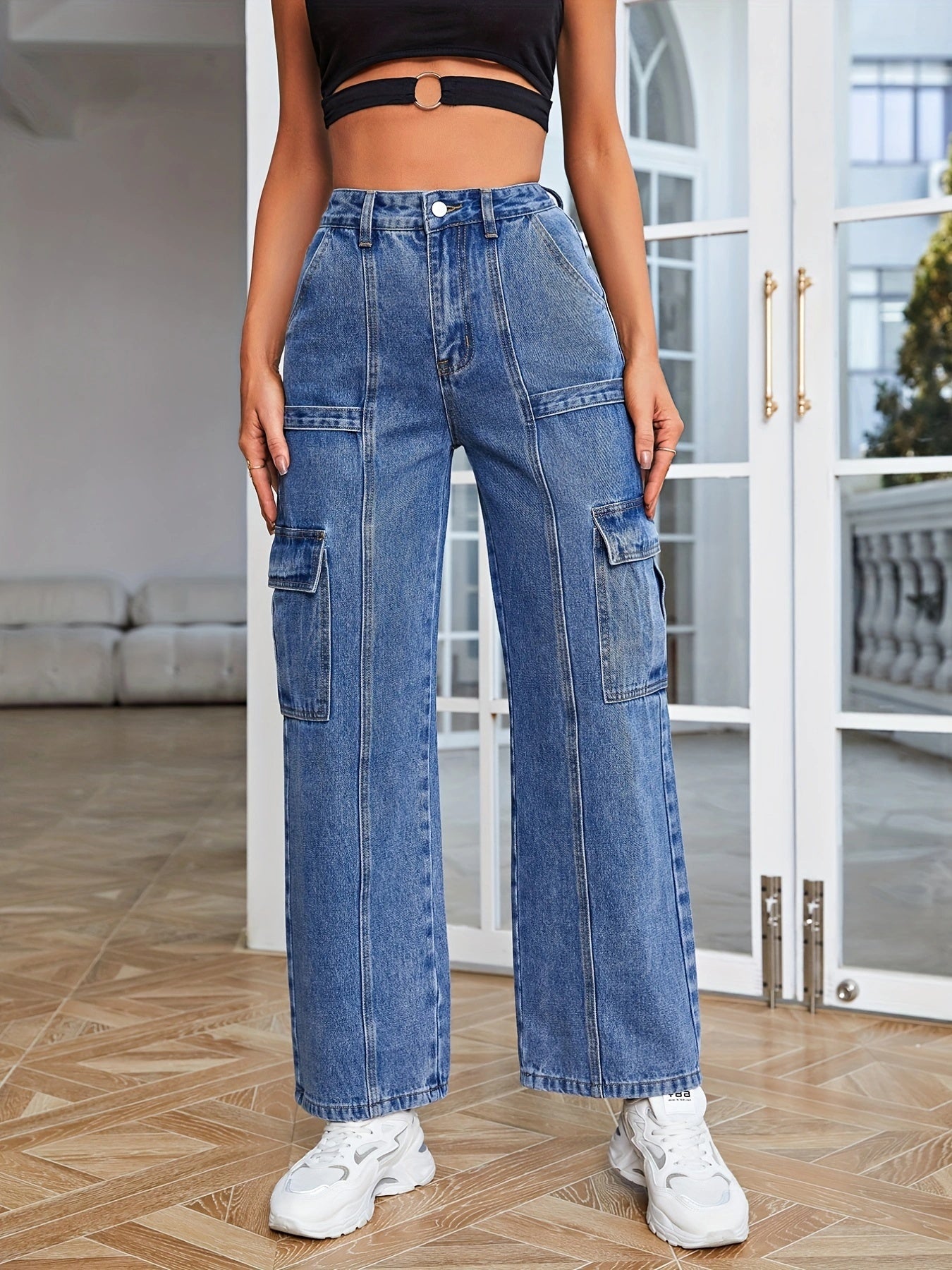 High Rise Cargo Jeans Washed Straight Casual Streetwear Denim Pants