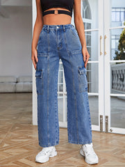 High Rise Cargo Jeans Washed Straight Casual Streetwear Denim Pants