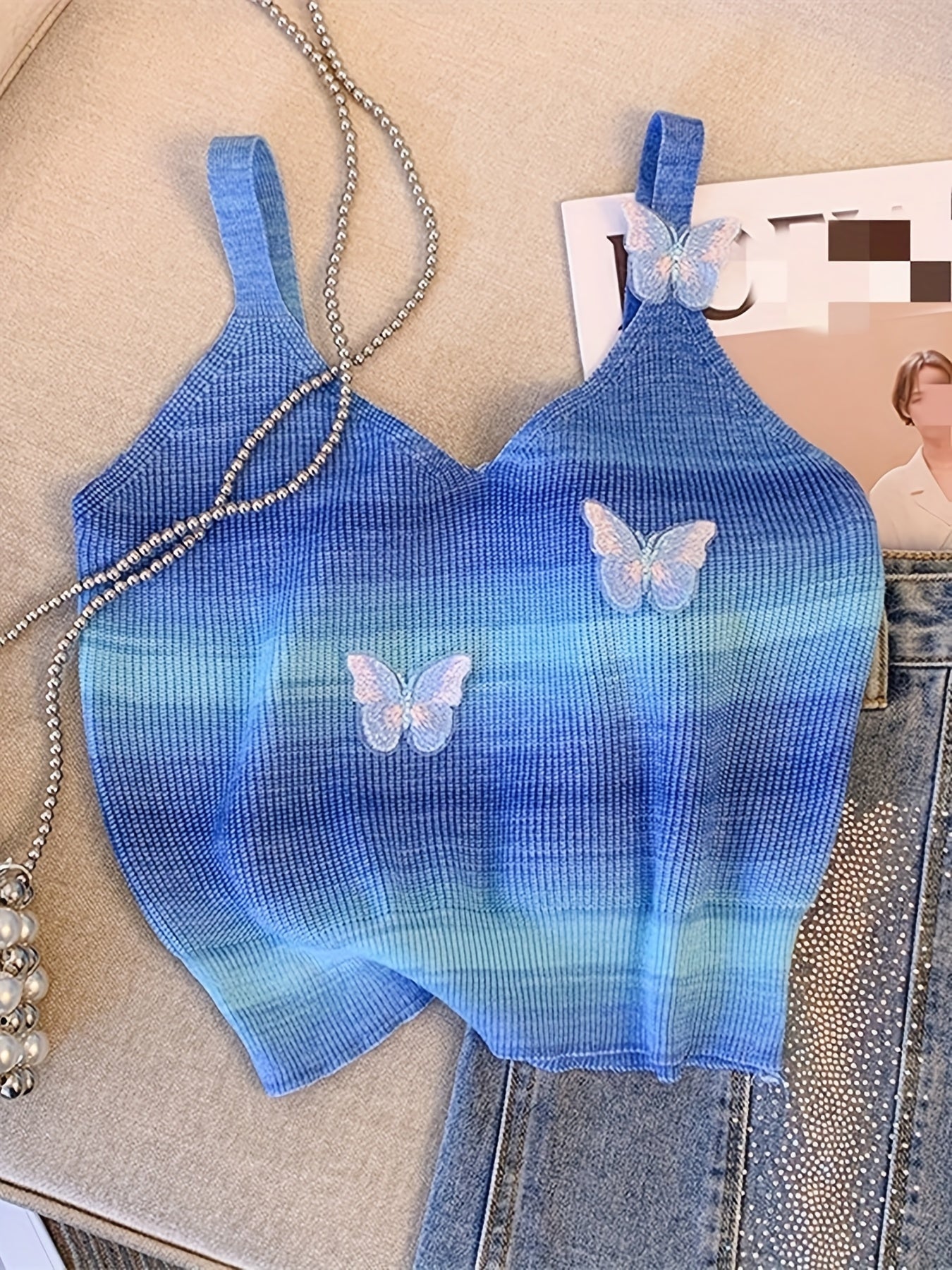 Gradient Knitted Cami Top V Neck Summer Sleeveless Top