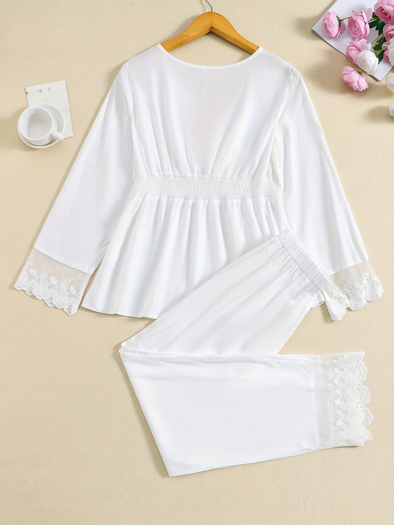 Lace Pajama Set Top & Elastic Waistband Pants Women's Sleepwear