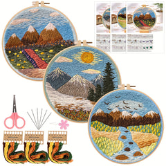 Mountain River Tree Embroidery Kit 3pcs Set with 20.07cm Hoop