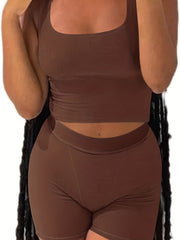 2pcs Sleeveless Crop Top & High Waist Shorts Set for Yoga Workout