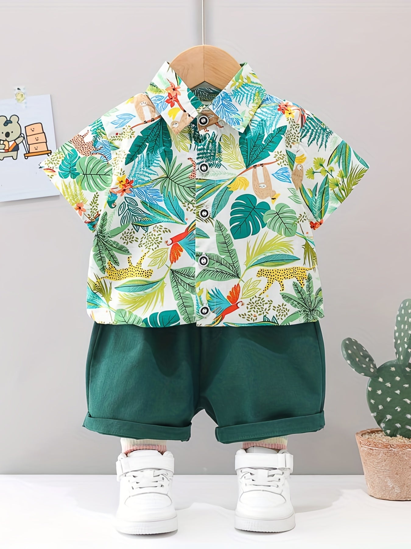 2pcs Baby Boys Leaf Print Shirt & Shorts Set