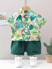 2pcs Baby Boys Leaf Print Shirt & Shorts Set
