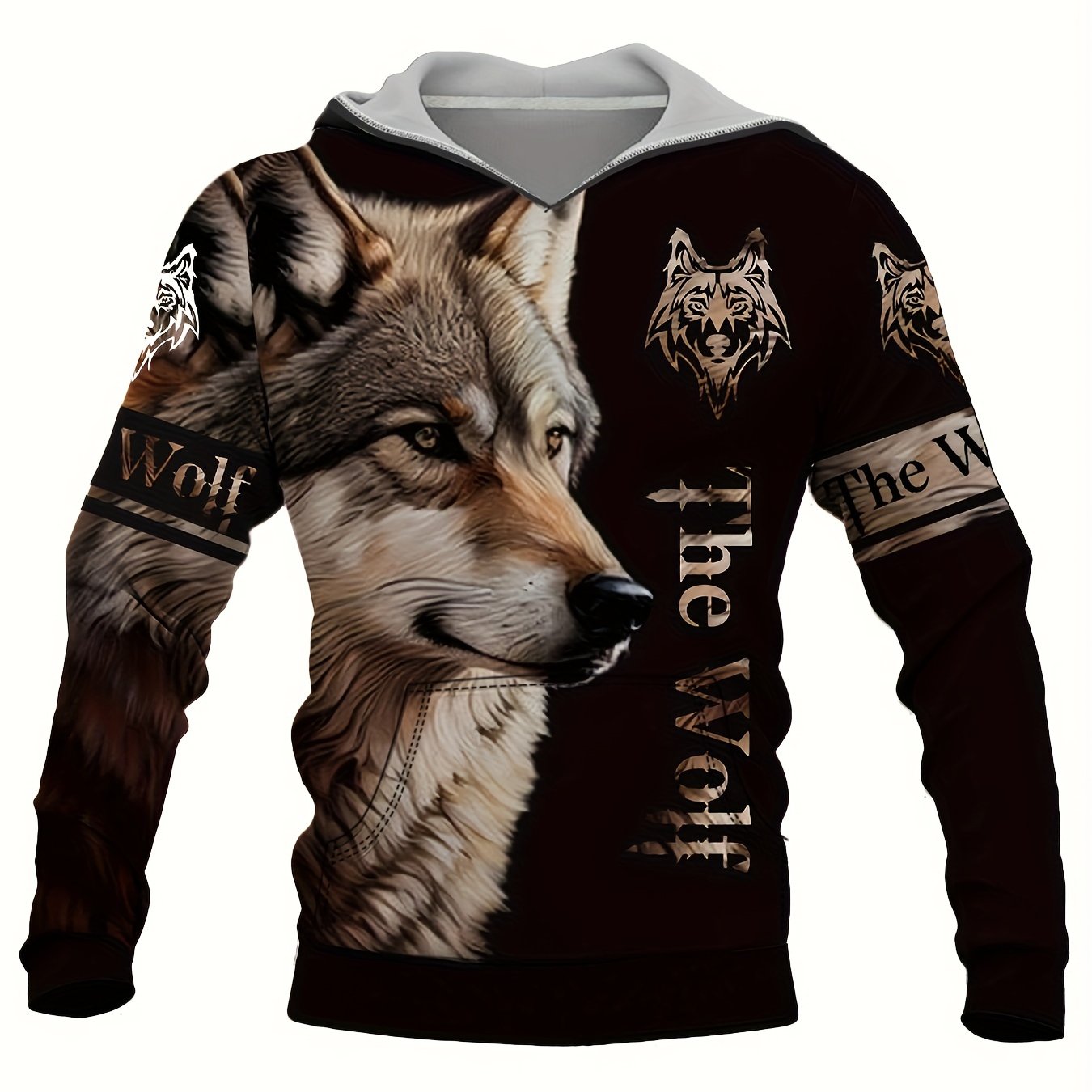 Wolf Print Hoodie Graphic Sweatshirt Mens Hooded Pullover