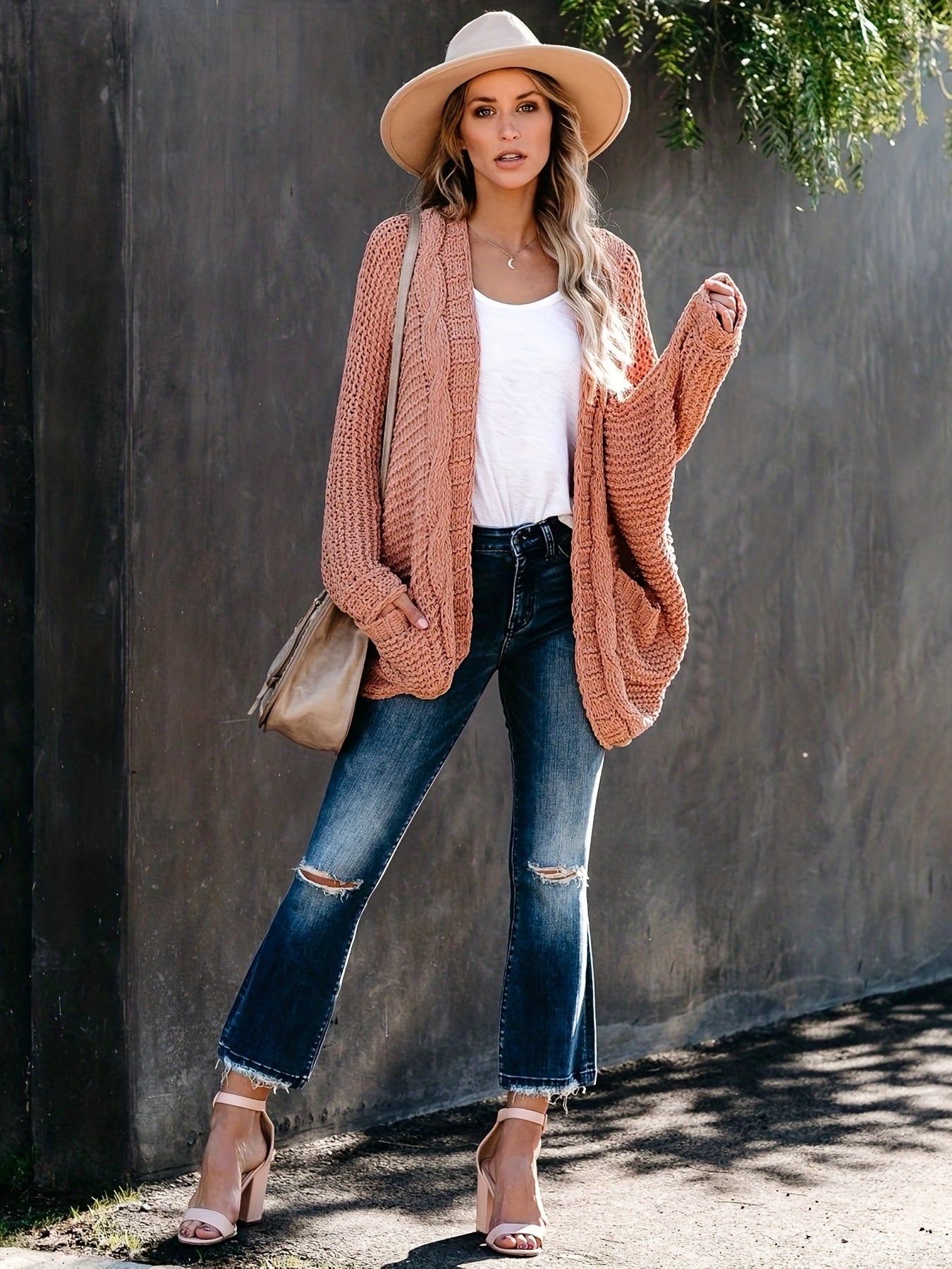 Open Front Cable Knit Cardigan with Pockets