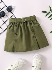 Girls Belted Skirt Casual Tunic Button Elastic Waist Preppy Skirts