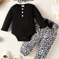 Baby Girl Long Sleeve Romper & Leopard Pant & Headband Set