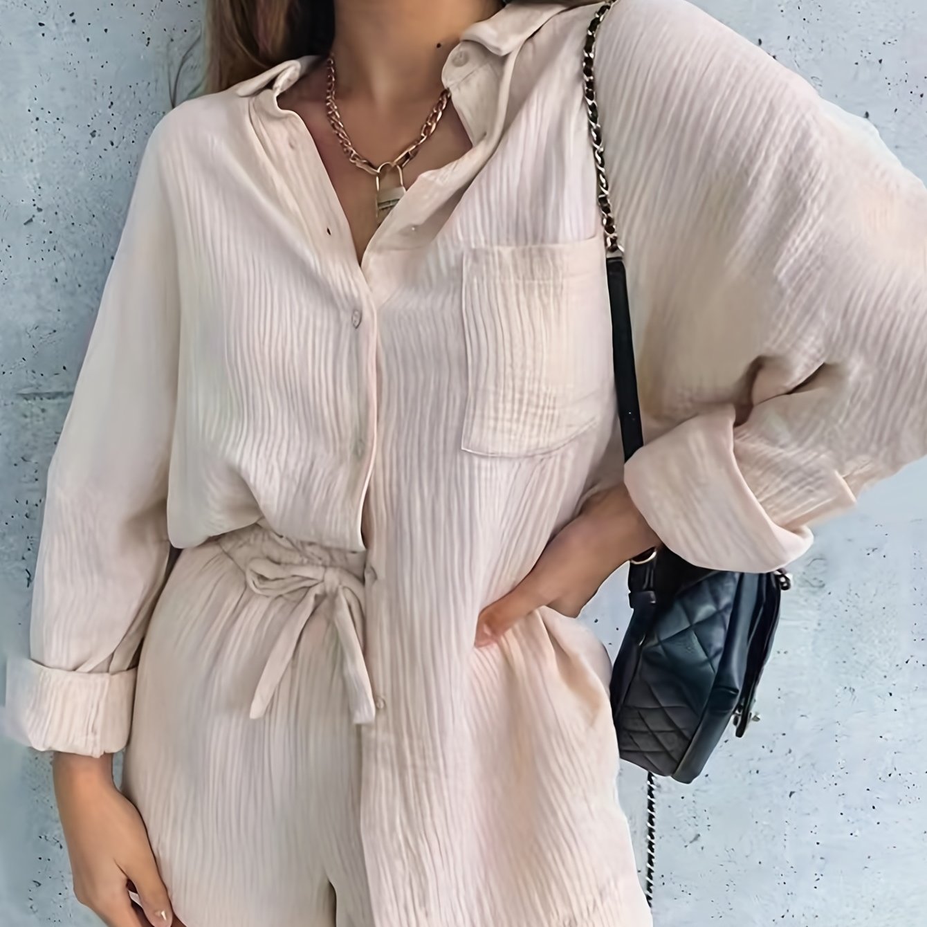 Solid Two Piece Shorts Set Button Front Shirt & Drawstring Shorts