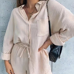 Solid Two Piece Shorts Set Button Front Shirt & Drawstring Shorts