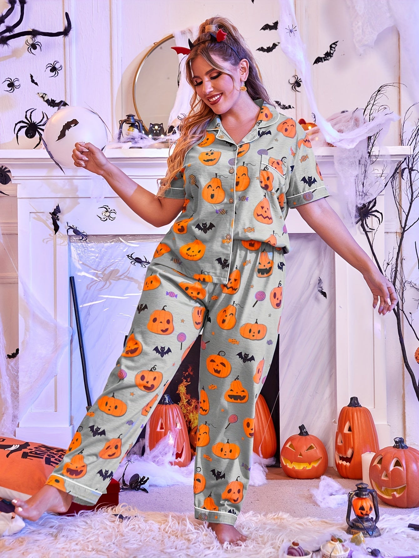 Pumpkin & Bat Print Pajama Set for Women