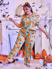 Pumpkin & Bat Print Pajama Set for Women