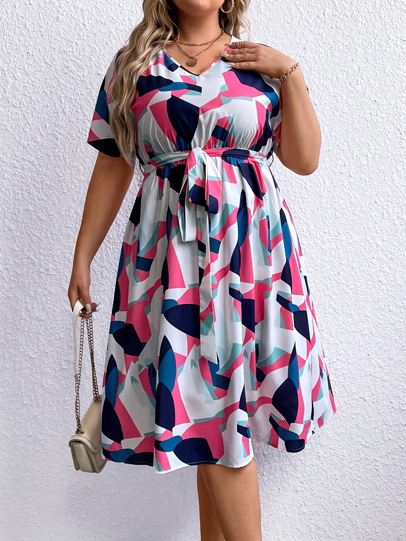 Colorblock Geometric Print V Neck Dress With Belt