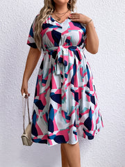 Colorblock Geometric Print V Neck Dress With Belt