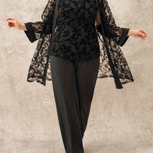 Floral Mesh Cardigan & Tank Top & Pants Outfit