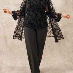 Floral Mesh Cardigan & Tank Top & Pants Outfit