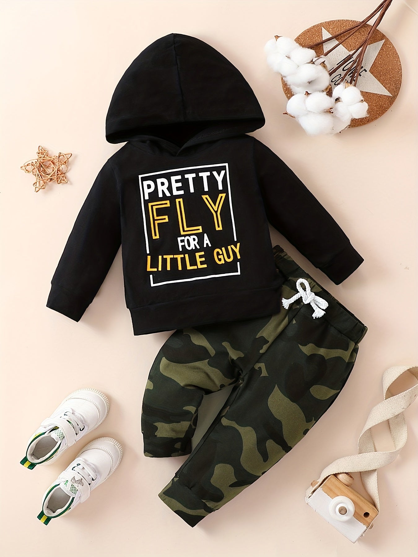 Toddler Baby Boys Pretty Fly Print Hoodie & Camo Pants Outfit