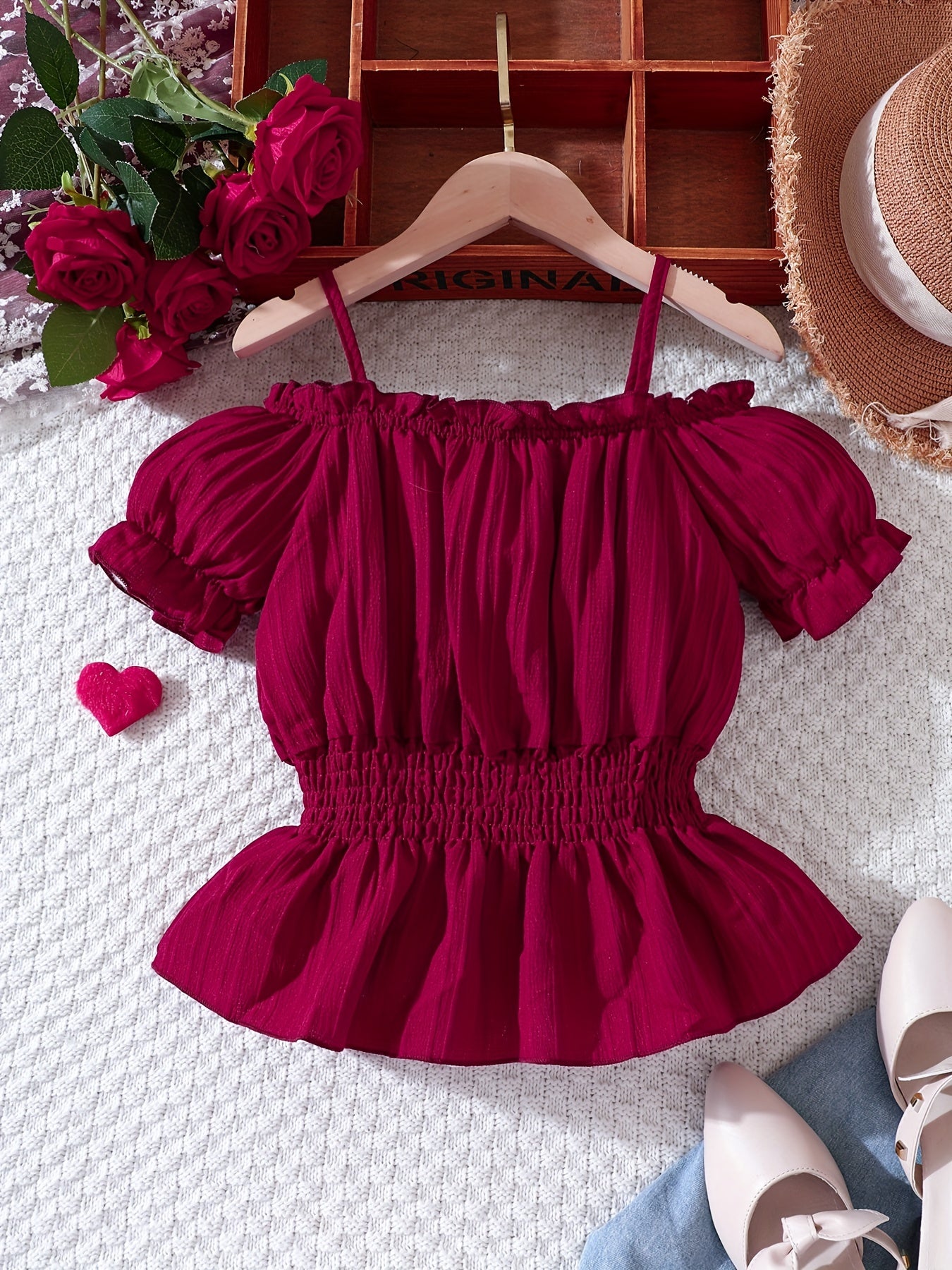 Girls Blouse Cold Shoulder Shirred Waist Short Sleeve Top Kids Summer