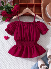 Girls Blouse Cold Shoulder Shirred Waist Short Sleeve Top Kids Summer
