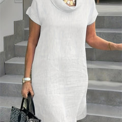 Solid Short Sleeve Turtle Neck Stretch Midi Dress