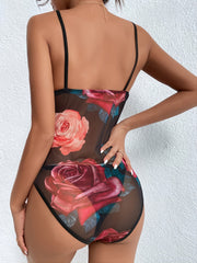 Sexy Floral Print Mesh Bodysuit Sheer Stretchy Bodysuit