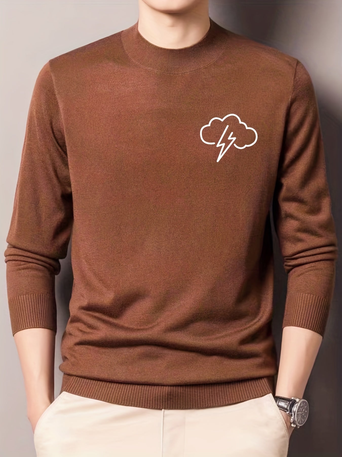 Lightning Pattern Knitted Sweater Men's Casual Warm Crew Neck Pullover