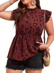 Leopard Print Ruffle Trim Peplum Shirt Top