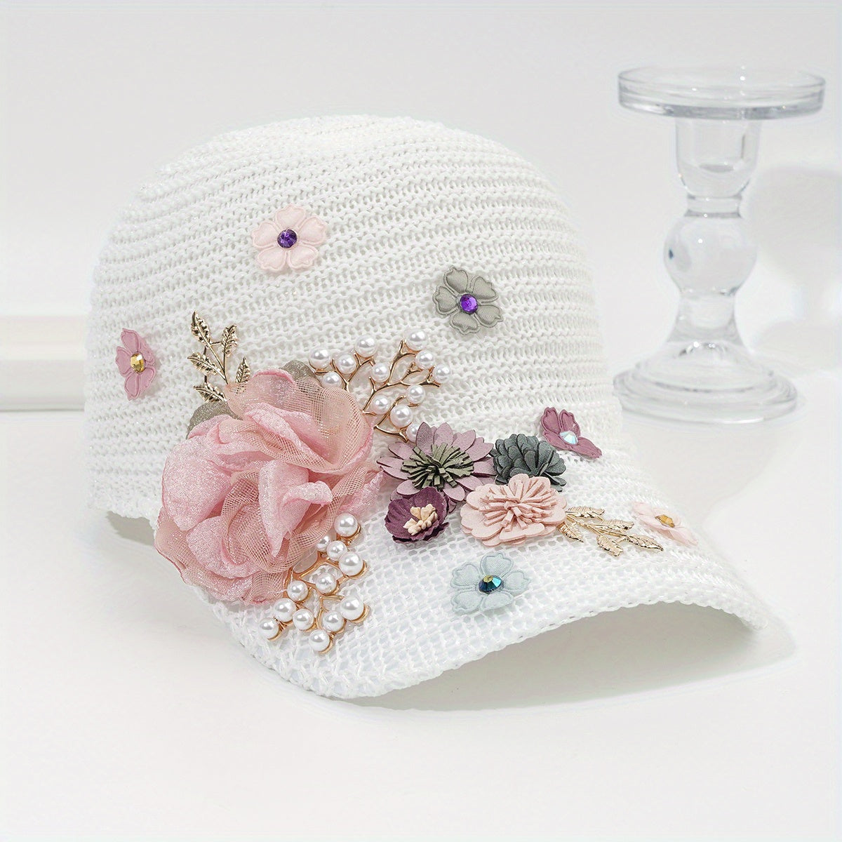 Women's Y2K Lace Flower Decor Knitted Baseball Cap