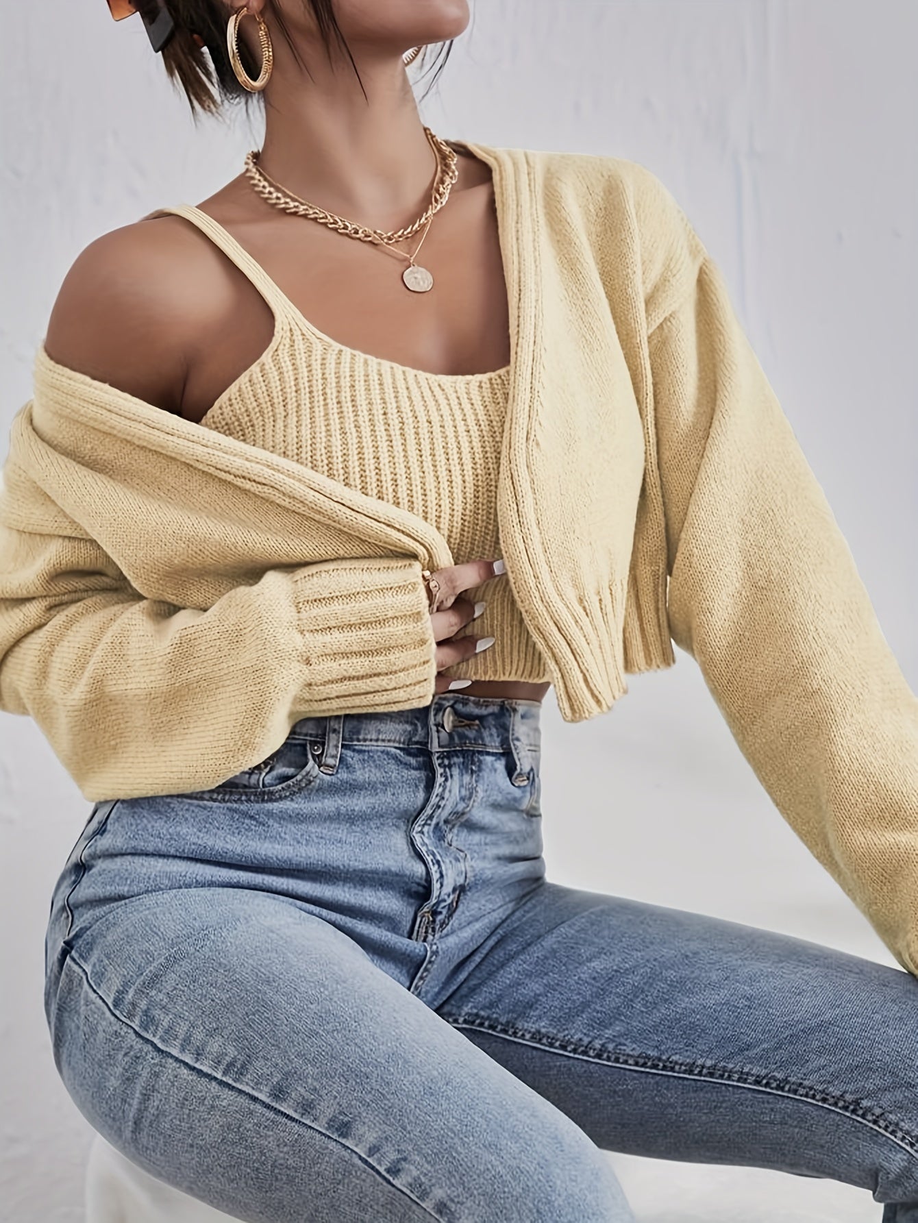 Solid Two-piece Set Open Front Cardigan & Knitted Crop Top