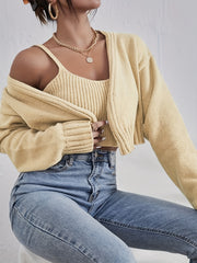 Solid Two-piece Set Open Front Cardigan & Knitted Crop Top