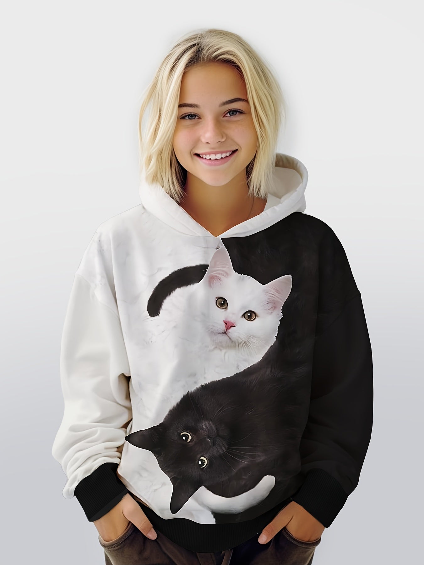 Yin yang Kitty Hooded Sweatshirt For Spring Sports