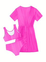 Girl's Swimsuit 3pcs Tankini Set & Cover Up Bathing Suit