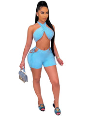 Sexy Lace Up Halter Top & Cut Out Shorts Set