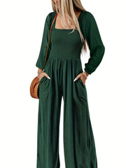 Solid Long Sleeve Square Neck Wide Leg Jumpsuit With Belt