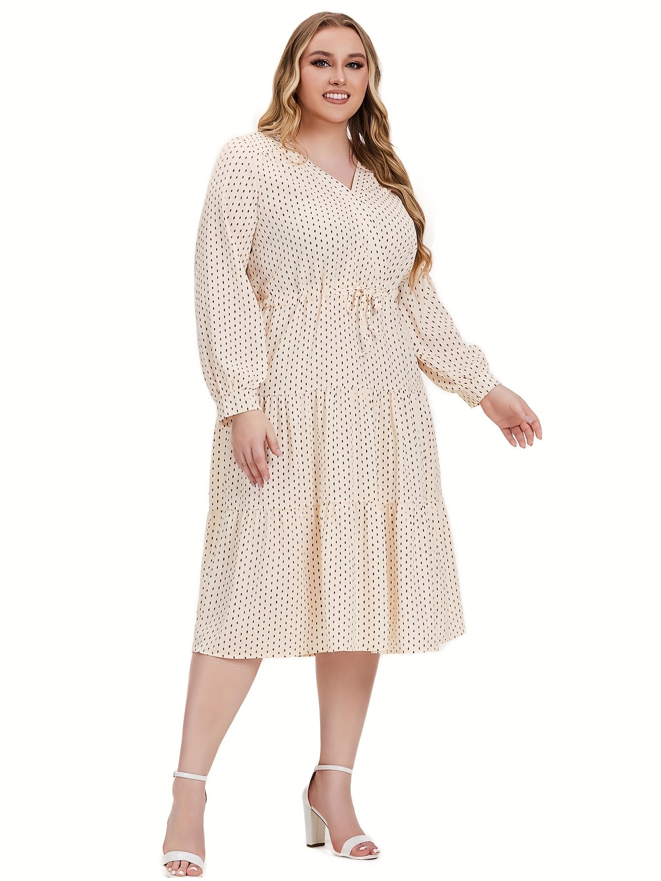 Plus Dot Print Lantern Sleeve Midi Smock Dress